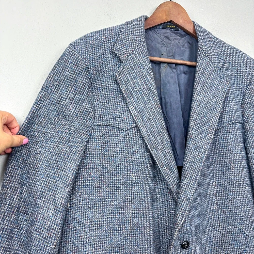 Vintage 70s 80s Lasso Western Blazer Size 44L Blue‎ Tweed Elbow Patches Cheyenne
